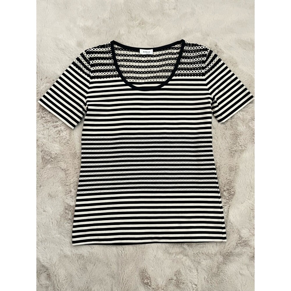 Akris Punto Black White Striped Knit Mesh Openwork Short Sleeve Top Size 6